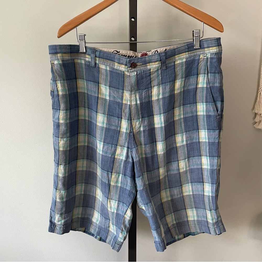 Tommy Bahama Linen Silk Flat Front Shorts Plaid Mens Blue Yellow Size 36